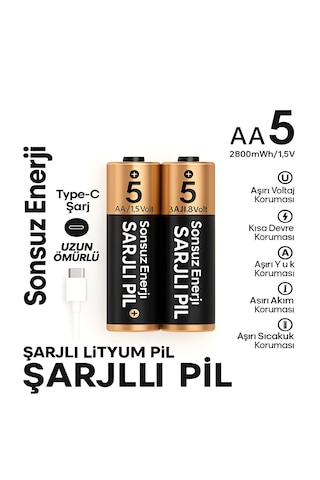 Type-c Şarjlı 2800mwh 1.5v Şarj Edilebilir 2'li Aa Kalın Pil - Lityum İyon Batarya