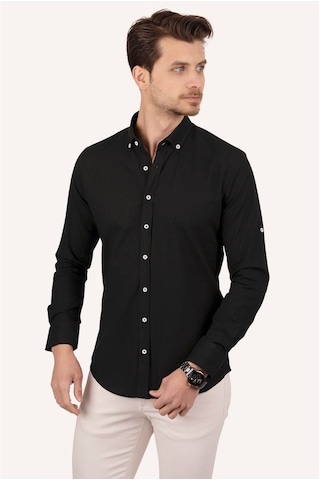 Erkek Siyah Yaka Düğmeli Keten Slimfit Kutulu Gömlek Siyah