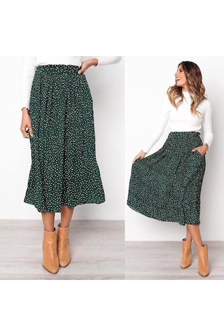 Kadın Yarım Vücut Etek Moda Puantiyeli Cepli Pileli Rüzgar Eteği Uzun Etek Kırmızı