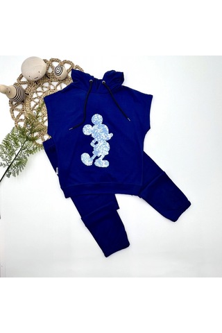 Peruflic 3-4-5 Yaş Kapşonlu Payetli Mickey Desenli Kısa Kol 2li Kız Erkek Çocuk Takımı Lacivert