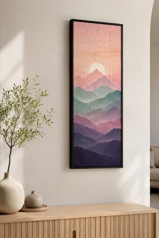 Minimalist Dağ Manzarası Ahşap Tablo Uv Baskı Pastel Tonlar Siyah Çerçeveli 25x60 Cm Dikey Modern Ev Dekorasyonu