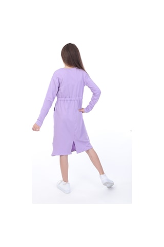 Toontoy Kız Çocuk Baskılı Relax Fit Bisiklet Yaka Uzun Kollu Bağcıklı Elbise - Lila