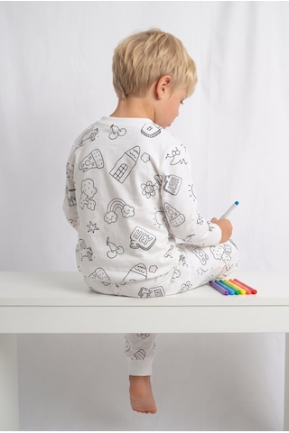 Minipomes Yıkanabilir Boya Hediyeli Colorbook Uzun Kol Çocuk Pijama Takım Beyaz