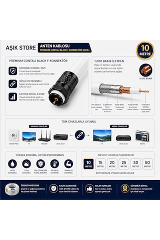 10 Metre Premium Anten Kablosu %100 Bakır İç İletken Contalı Black F Konnektör Çakılı Koaksiyel Tv Uydu Kablosu
