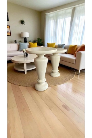Ahşap Mantar Sehpa 2 Li Set Krem Renk Modern Yan Sehpa Takımı - Zigon Sehpa Takımı Krem