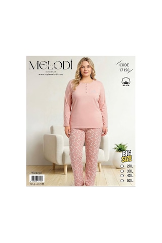 Melodi Kadın Büyük Beden %100 Pamuk Düğmeli Yaka Uzun Kollu Baharlık Pijama Takımı 17150 - 1 Adet Pudra
