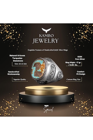 Gerçek Doğal Arizona Turkuaz Taş Yüzük, Erkek Yüzüğü, 925 Ayar Gümüş Yüzük Gümüş