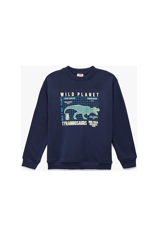 Koton Erkek Çocuk Dinozor Baskılı Şardonlu Uzun Kollu Bisiklet Yaka Sweatshirt Lacivert