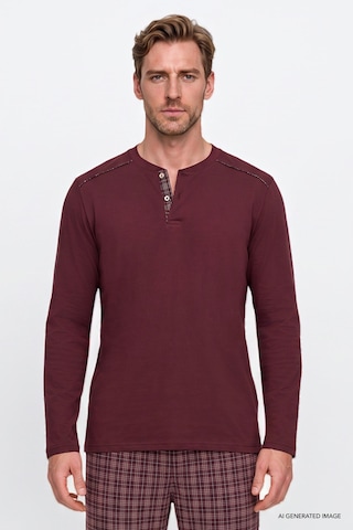 Ac&Co / Altınyıldız Classics Erkek Bordo %100 Pamuk Standart Fit Hakim Yaka Desenli Cepli Pijama Takımı