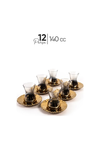Mest 12 Parça Titanyum Gold Çay Bardağı Ve Çay Tabağı Seti - 140 Cc Şıklık Ve Zarafet Gold