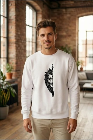 Efnaz Style Oversize Bisiklet Yaka Sevgililer Günü Baskılı Sweatshirt - Beyaz