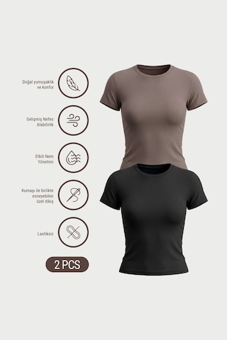 Auw Kadın Bisiklet Yaka Pamuklu Modal T-shirt 2'li - Softfit Vizon - Siyah
