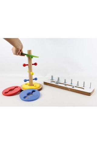 Ahşap El Ve Göz Koordinasyonu Oyun Seti2 Halka Geçirme-Vida Çalı