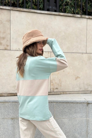 WeShaya Kadın Mint Uzun Kol, Dik Yaka, Fermuarlı, Double Color Block Basic Sweatshirt Bluz Mint