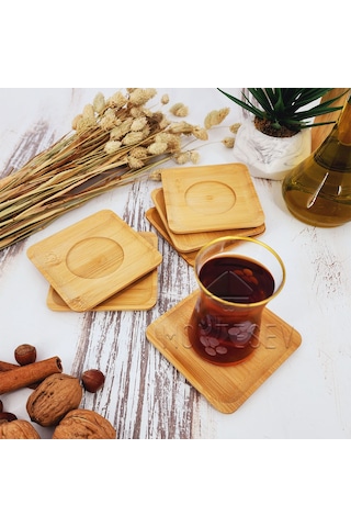 Ahşap Çay Tabağı 6 Lı Set Bardak Fincan Kupa Altlığı Kare Ahşap