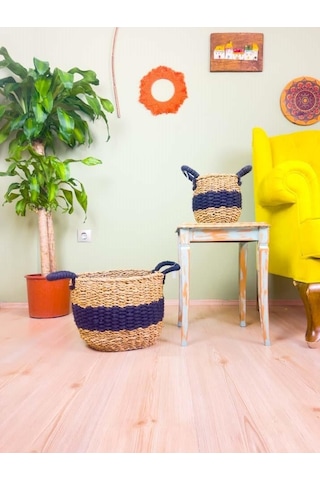 Bitki Tasarımı Düzenleyici Kulplu Siyah Şeritli Doğal Örgü Sepet İkili Set Büyük-küçük