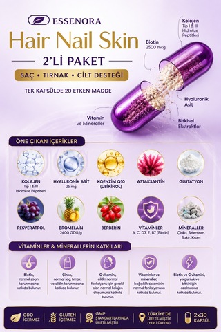 Hair Nail Skin 2'li Paket Saç Tırnak Cilt Kolajen Biotin Hyaluronik Asit 2x30 Kapsül