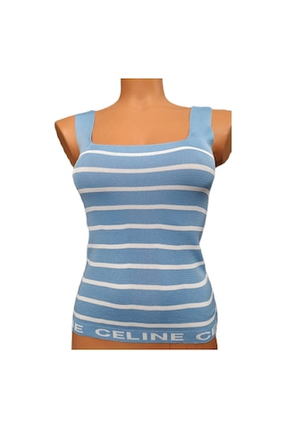Pazarız Mavi Beyaz Çizgili Kare Yaka Atlet Triko Bluz Crop S / M / L Beden Uyumlu Mavi Beyaz Çizgili