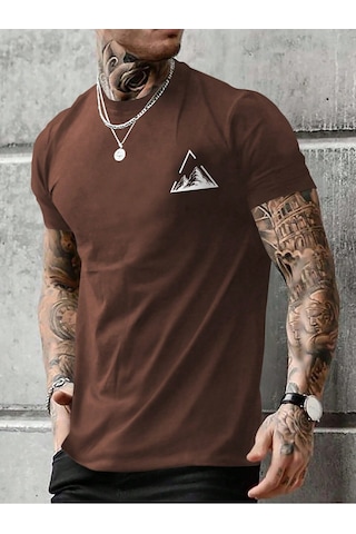 Üçgen Dağ T-shirt - Kahverengi Baskılı Oversize Bisiklet Yaka Kısa Kol Tişört Kahverengi
