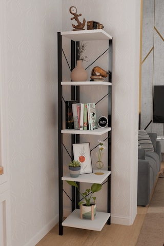 Alpa Ev Mobilya 5 Katlı Kare Raflı Metal Köşe Raf, Dekoratif Kitaplık Ve Modern Saksılık Beyaz