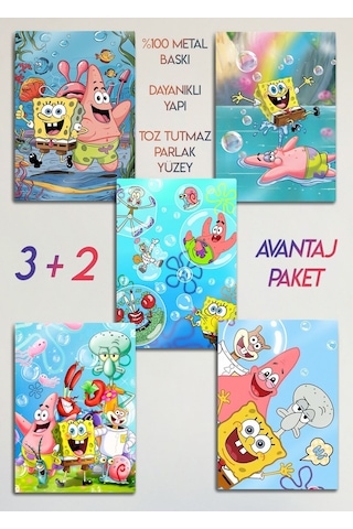 Metal Baskı - Süngerbob, Çocuk Bebek Odası, Spongebob 5'li Set Tablo