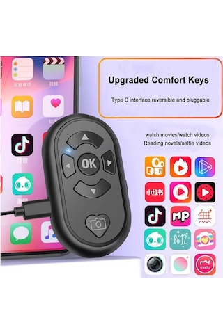 Tiktok Bluetooth Uzaktan Kumanda Düğmesi Sayfa Çevirici Video Kaydı Selfie Kumandası - Siyah