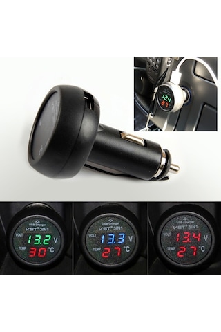Sones 3'ü 1 Arada Universal Araç Dijital Gerilim Ölçer Sıcaklık Ölçer Usb Şarj Cihazı, Dc12-24v