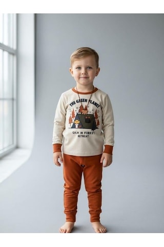 Zekids Erkek Çocuk The Green Planet Yazılı Uzun Kollu Pijama Takımı-16841 Bej