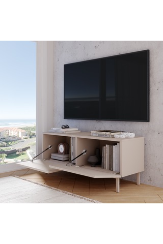 Robinhome Miami Tv Ünitesi Sehpası 2 Kapaklı Ahşap Ayaklı 120cm Kumsal Bej