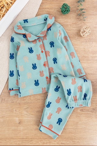 Önden Çıt Çıtlı Tavşan Desenli Yeşil Pamuklu Erkek Bebek/çocuk Pijama Takımı 001
