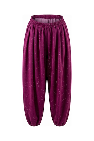 CEMO Beli Ve Paçası Lastikli Simli / Işıltılı Siyah Şalvar Pantolon Bordo