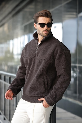 Madmext Füme Yarım Fermuarlı Dik Yaka Polar Sweatshirt E7165 Füme