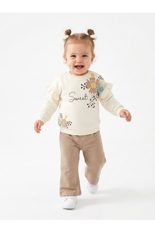 HelloBaby Pamuklu Fırfır Ve Çiçek Detaylı 2li Kız Bebek Takım Krem