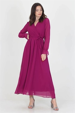 Dip Moda Kadın Kuşaklı Astarlı Uzun Şifon Elbise Dpnb003 Mürdüm