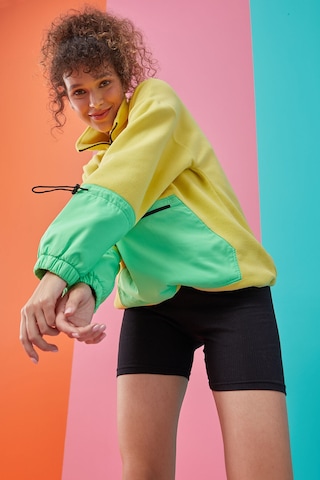 Tommy Life Limon Etek Ucu Büzgülü Yarım Fermuarlı Oversize Kadın Polar Sweatshirt - 97238 Limon Sarısı
