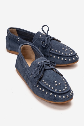 Luvishoes Cuesta Kot Mavi Süet Hakiki Deri Troklu Bağcıklı Kadın Loafer Ayakkabı