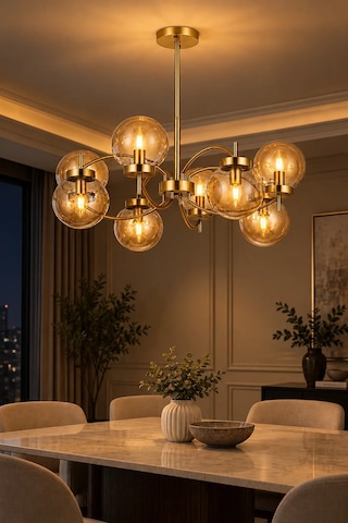 Modern Premium Avize Gold Gövdeli Amber Camlı 8'li Lüks Sarkıt Salon Avizesi 8xe14