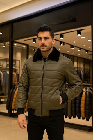 Zagmen Erkek Kürk Yaka Şişme Deri Mont Haki