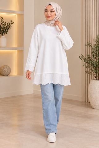 Aymiraa Kadın Dantel Detaylı Uzun Tunik Tesettür Sweatshirt Bisiklet Yaka Rahat Kesim Beyaz