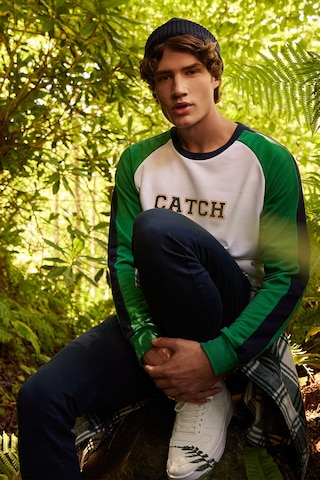AC&Co / Altınyıldız Classics ERKEK BEYAZ YESIL Standart Fit Normal Kesim Bisiklet Yaka Pamuklu Çizgili Sweatshirt Beyaz
