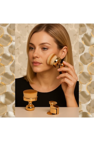 Lüks Touch Gold - Altın Renkli Metal Standlı Shine Brush Ergonomik Pudra Fırçası Makyajınızı Sanata Dönüştürün