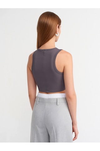 Dilvin Dikiş Efektli Crop Top Füme