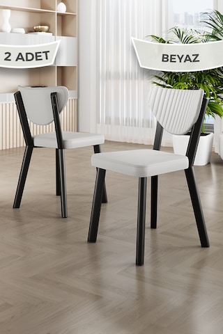Fubi Serisi 2 Adet Taba Deri Mutfak,cafe, Restaurant Sandalyesi Siyah Metal İskeletli Beyaz Sandalye Siyah İskelet