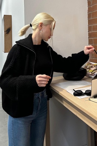 Seeh Siyah Çift Fermuarlı Triko Hırka Sh326 Standart