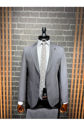 Dupont Classics Dupont Slim Fit Sivri Yaka 6 Drop Çift Yırtmaç Torba Cep 2'li Takım Elbise Gri