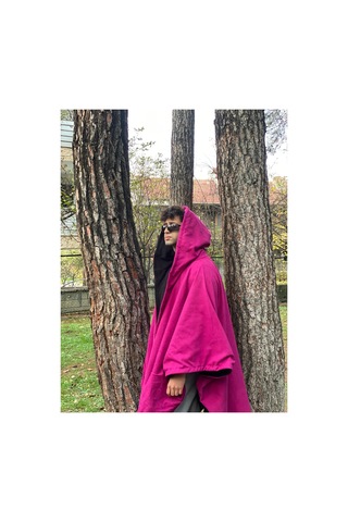 Alpin Çift Taraflı Kapüşonlu Panço Fuşya & Siyah Unisex Oversize Panço Çok Renkli Çok Renkli