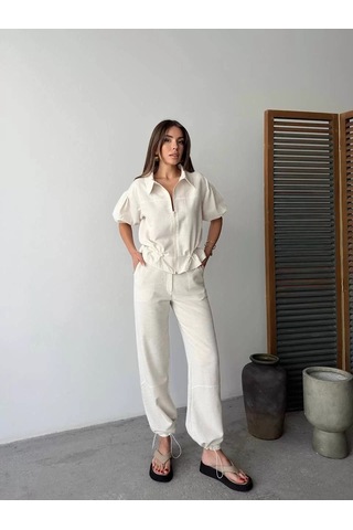 Keten Tam Fermuarlı Kısa Kollu Gömlek Pantolon İkili Takım - Beyaz Beyaz