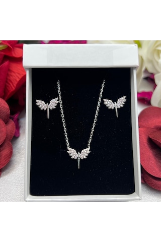 Pembe Melek Kanadı Kadın 2'li Setii 925 Ayar Gümüş Rodyumlu Zirkon Taşlı Gümüş