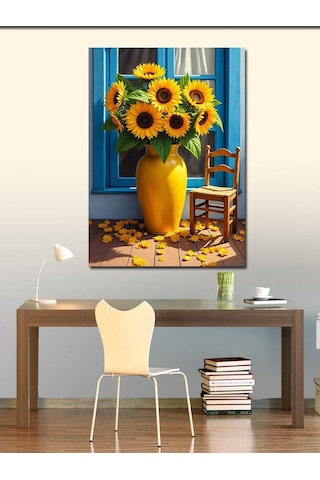 Kanvas Tablo Mavi Vazoda Günebakan Çiçekler 50cmx70cm