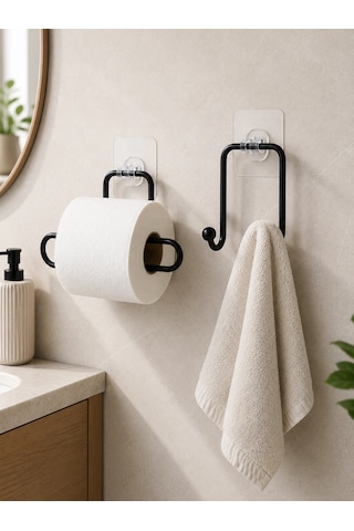 Banyo Ve Mutfak İçin Yapışkanlı Havlu Askılığı Ve Rulo Kağıt Tutucu Set Antrasit Melanj